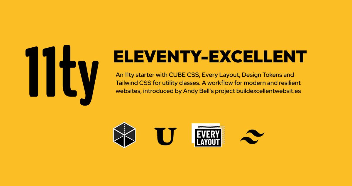 Visible content: An Eleventy starter with CUBE CSS, Cube CSS, Every Layout, Design Tokens and Tailwind for uitility classes. A workflow for building modern and resilient websites, introduced by Andy Bell's project buildexcellentwebsit.es